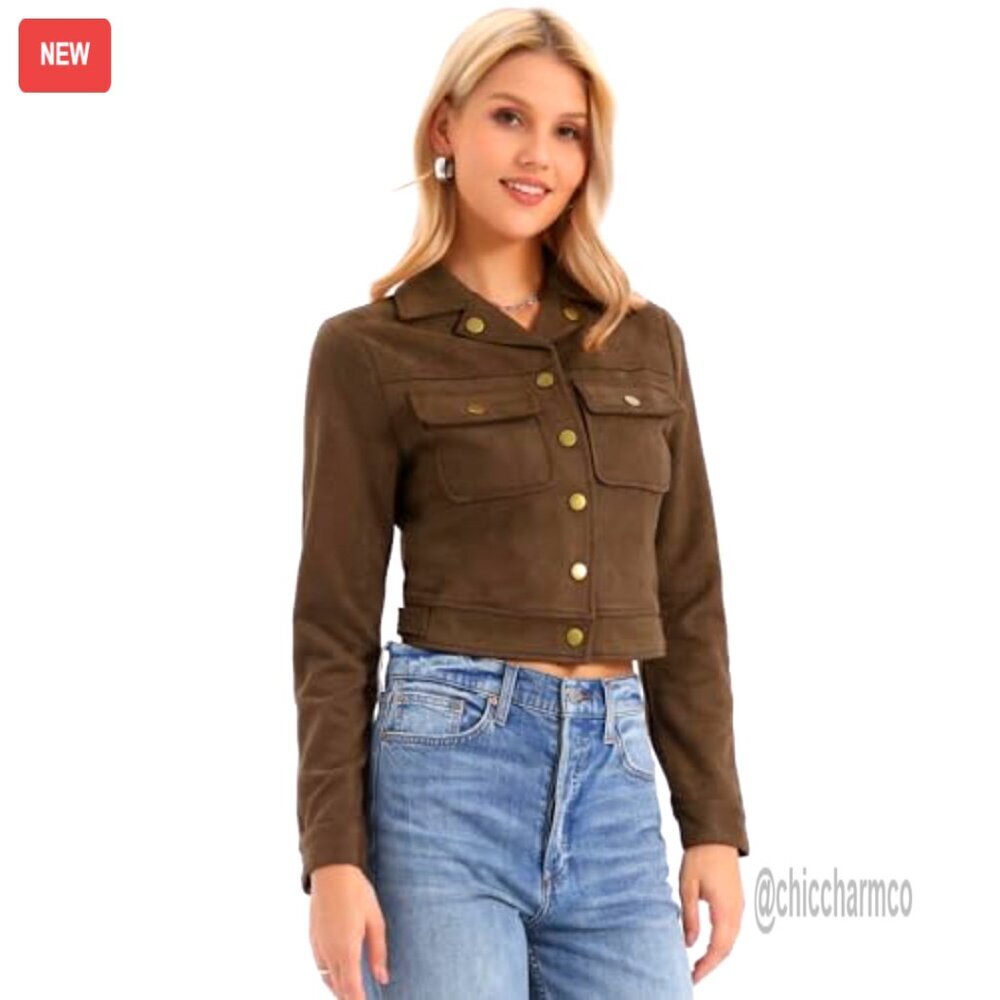 Faux Suede Cropped Moto Jacket Button Down Collar Casual Chic Biker Coat - Picture 2 of 6